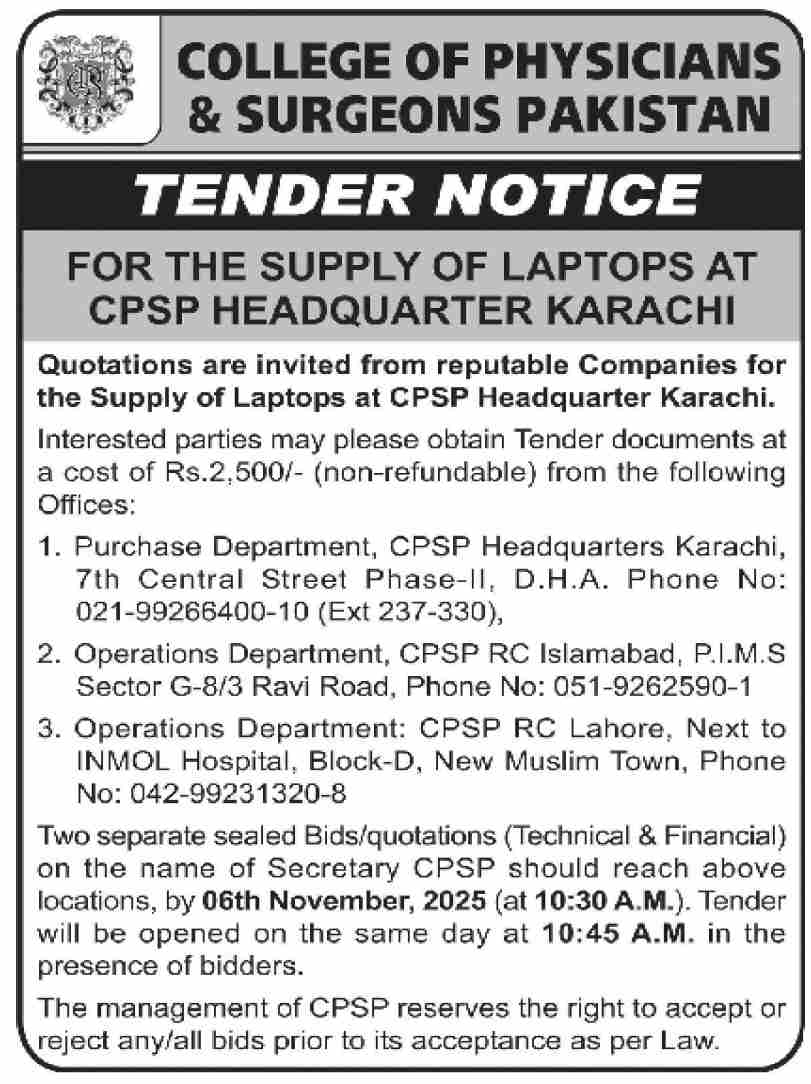 College of Physician & Surgeon Tender Notice